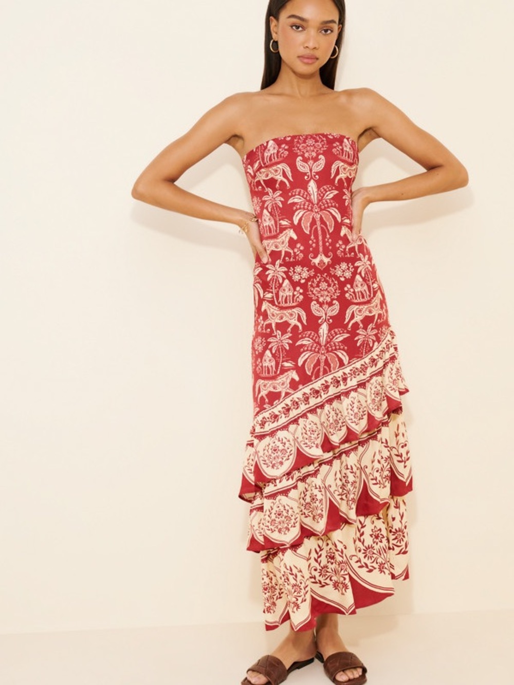 FARM Rio Haras Printed Tiered Maxi Dress Size Medium NWT Red Off-White - Picture 3 of 16
